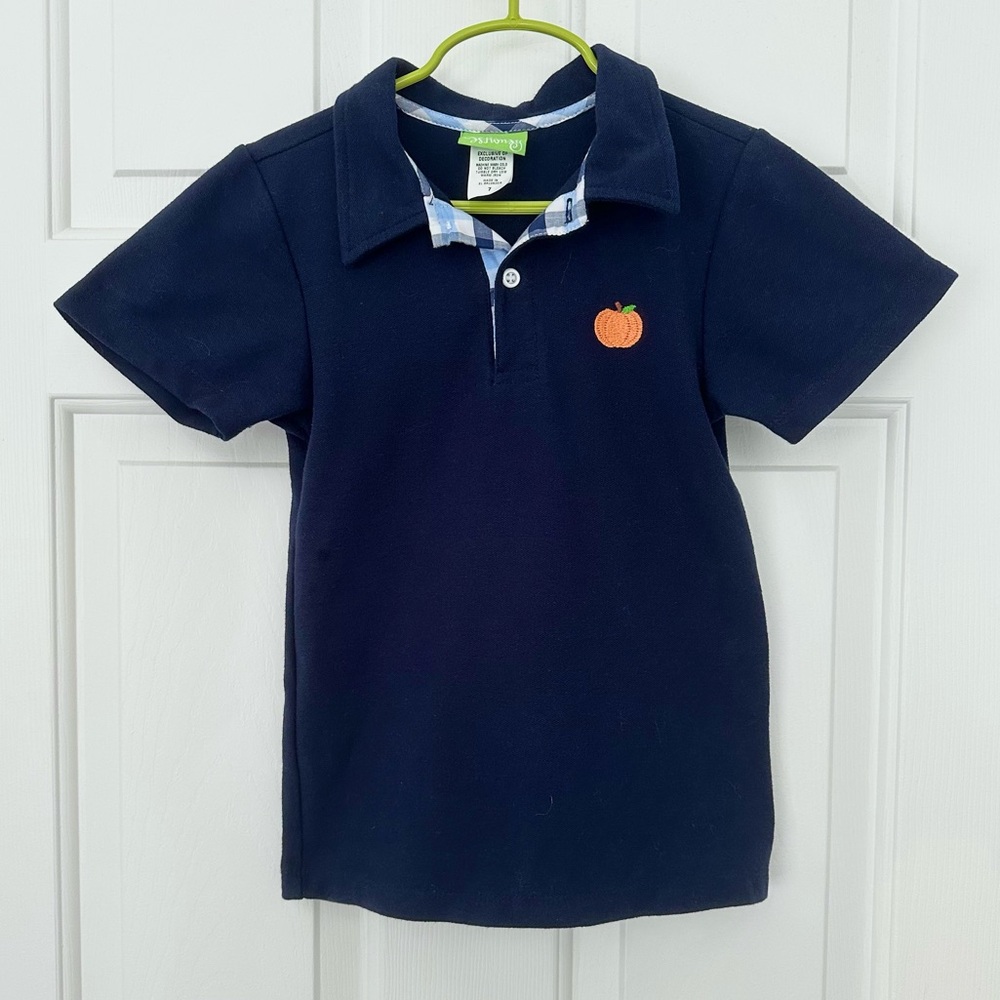 Classic Whimsy Navy Blue Polo Shirt Pumpkin Embroidery Check Collar Boys Sz 7